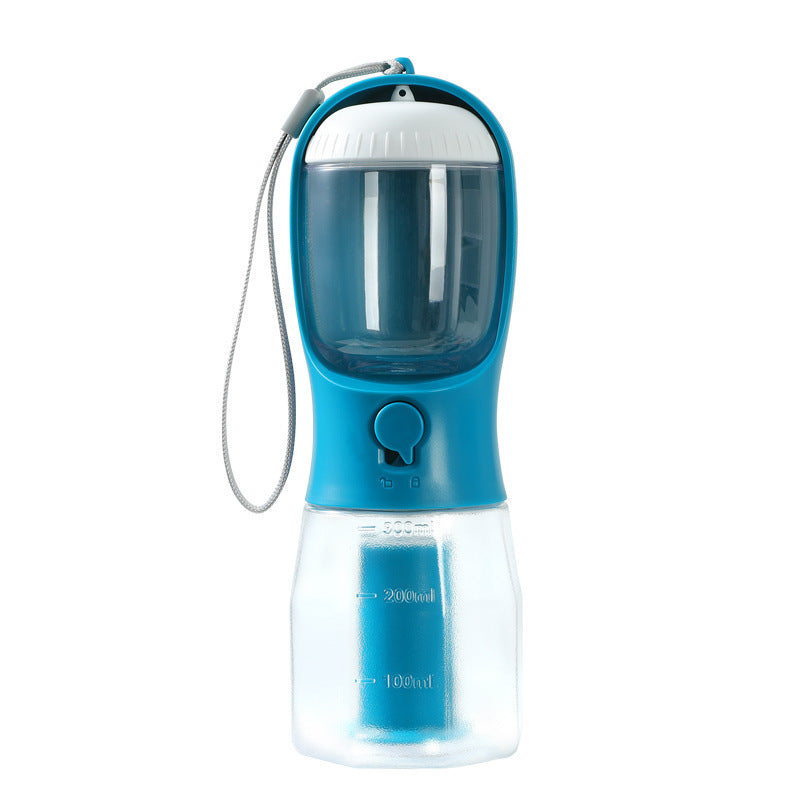 3-in-1 Pet Travel Water Bottle (300 ml) – Built-in Bowl, Treat Compartment & Waste-Bag Holder