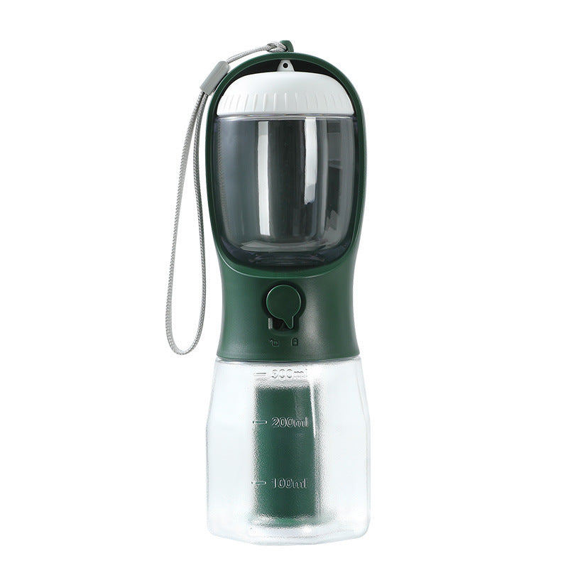 3-in-1 Pet Travel Water Bottle (300 ml) – Built-in Bowl, Treat Compartment & Waste-Bag Holder