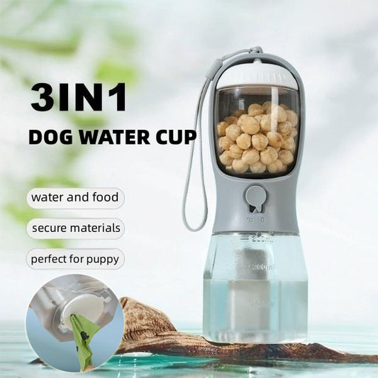 3-in-1 Pet Travel Water Bottle (300 ml) – Built-in Bowl, Treat Compartment & Waste-Bag Holder