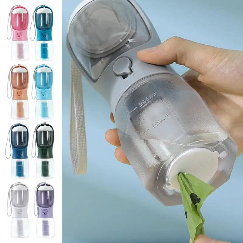 3-in-1 Pet Travel Water Bottle (300 ml) – Built-in Bowl, Treat Compartment & Waste-Bag Holder