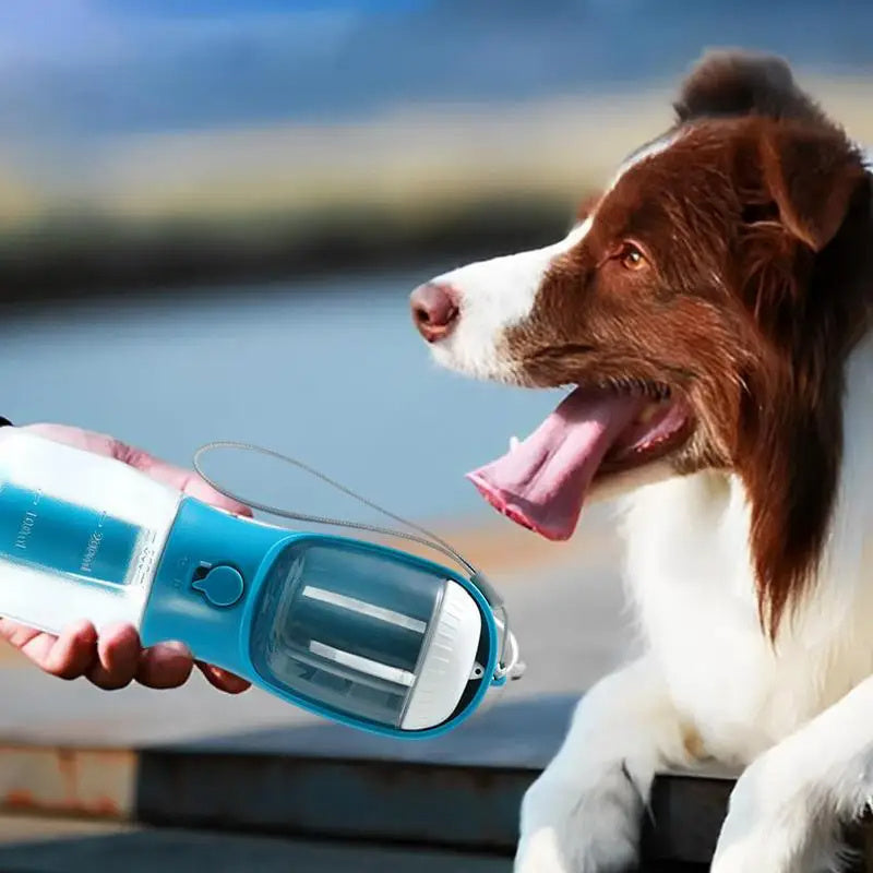 3-in-1 Pet Travel Water Bottle (300 ml) – Built-in Bowl, Treat Compartment & Waste-Bag Holder