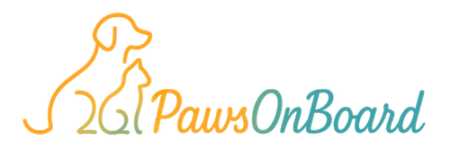 Logo of 'Paws On Board' with a stylized dog and cat silhouette on a white background.