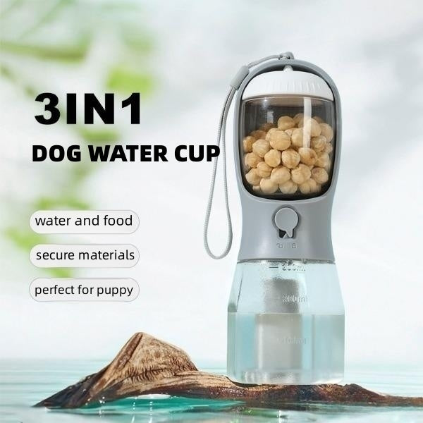 3-in-1 Pet Travel Water Bottle (300 ml) – Built-in Bowl, Treat Compartment & Waste-Bag Holder