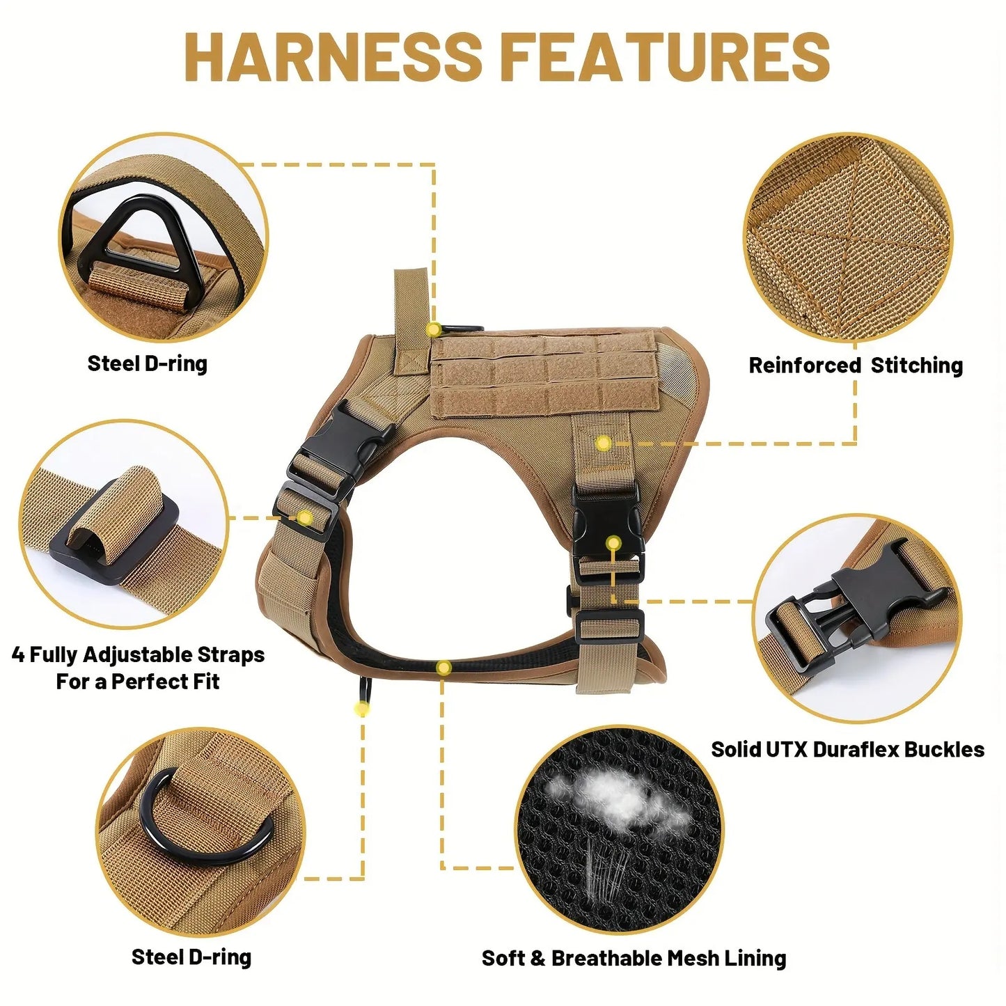 Tactical No-Pull Dog Harness – Reflective, Metal Buckles, Grab Handle (S–XL)
