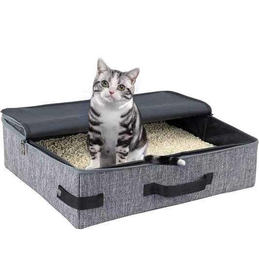 Travel Cat Litter Box with Lid & Handle – Foldable, Waterproof Lining, Easy-Clean (Grey)